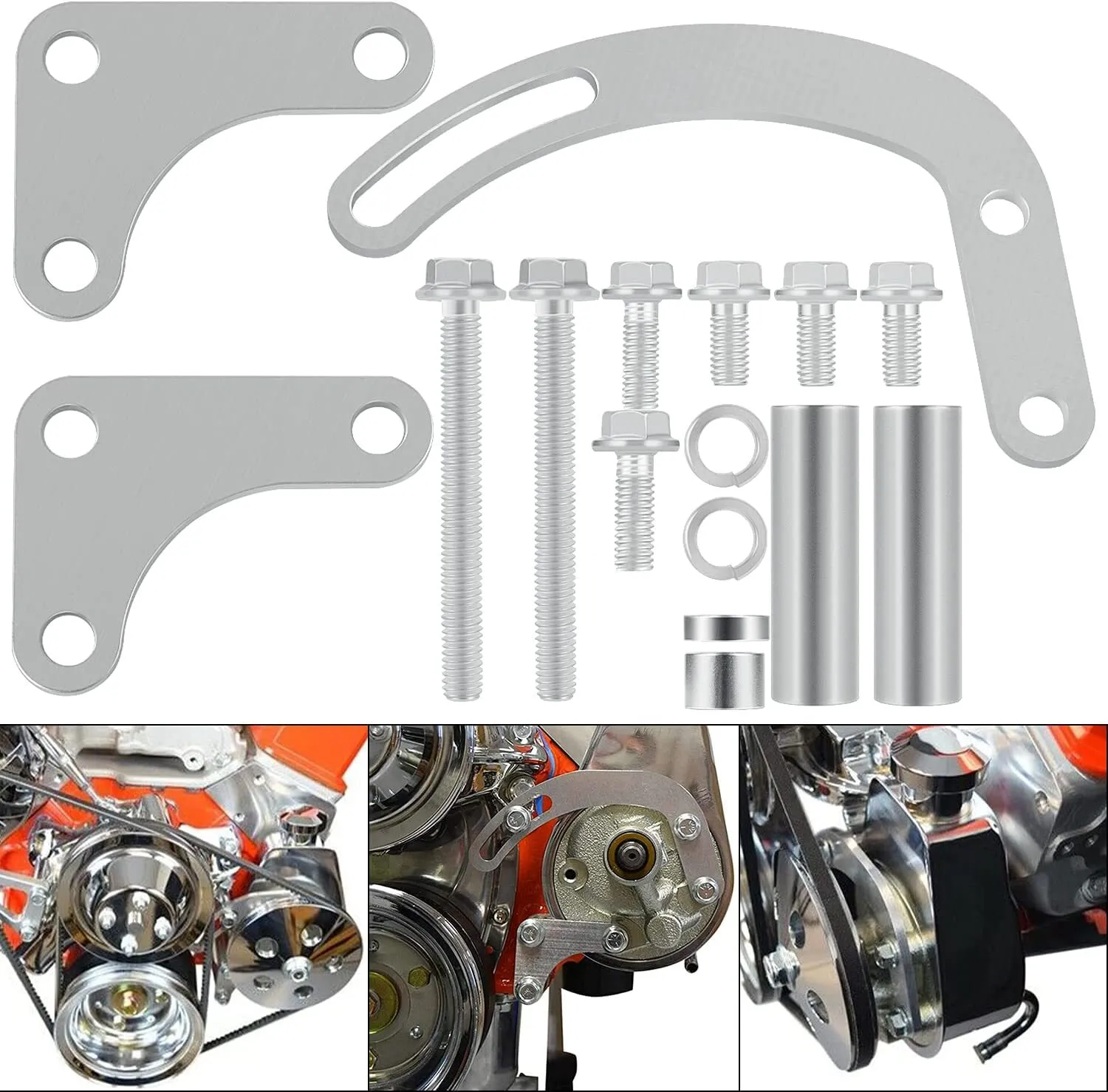 1706256377275 Compatible With 350 Small Block Chevy Long Water Pump SBC Power Steering Pump Bracket 350 V-Belt Slotted Adjustable LWP 305 327 383 5.0L 5.7L V8 - Image 1