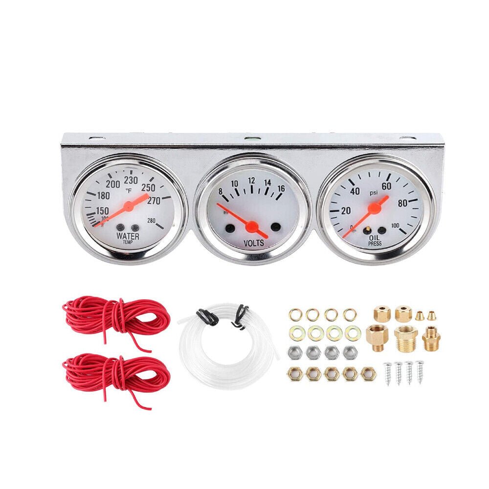21_93ae795e-c0b4-4290-bbba-26889f372ad2 2'' 52mm Mechanical Chrome Triple Gauge Set Water Temp Oil Pressure Volt Meter - Billede 1